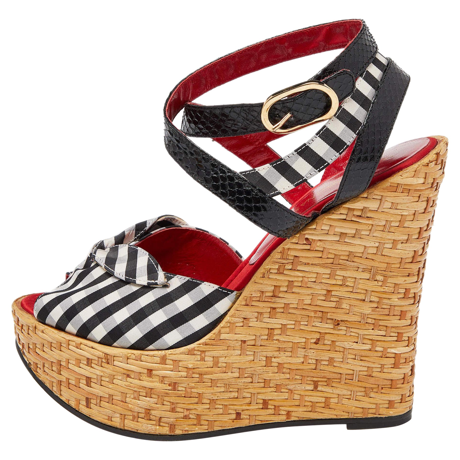 Dolce & Gabbana Black/White Checkered Fabric Ankle Wrap Wedge Sandals Size 38.5 For Sale