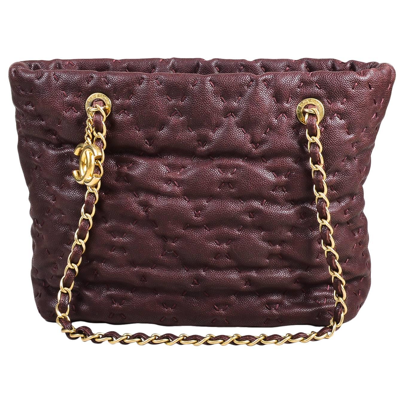 Chanel Plum Caviar Leather Gold Tone "On the Road" Tote Bag For Sale