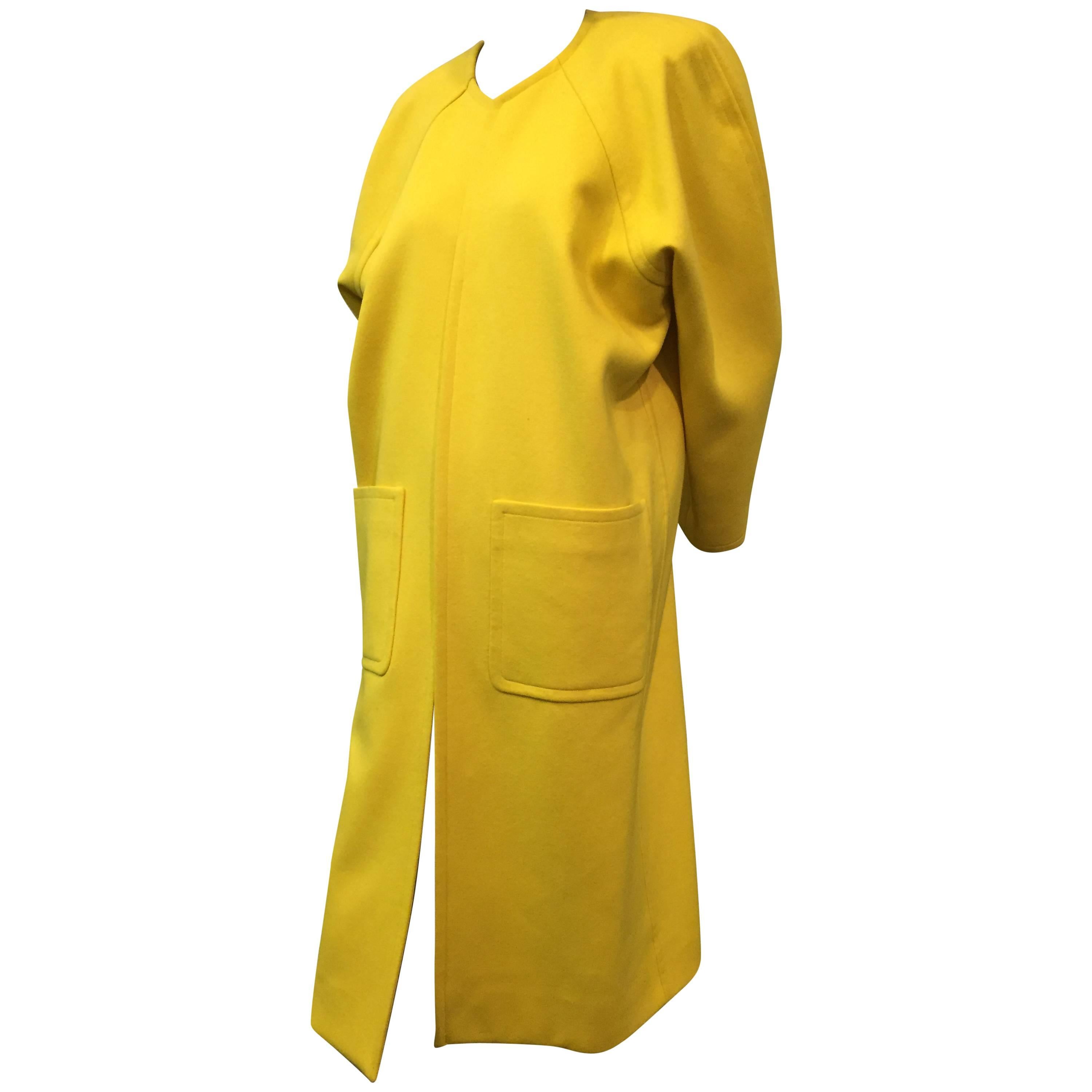 1980s Canary Yellow Wool Coat with Deep Hip Pockets and Raglan Sleeves