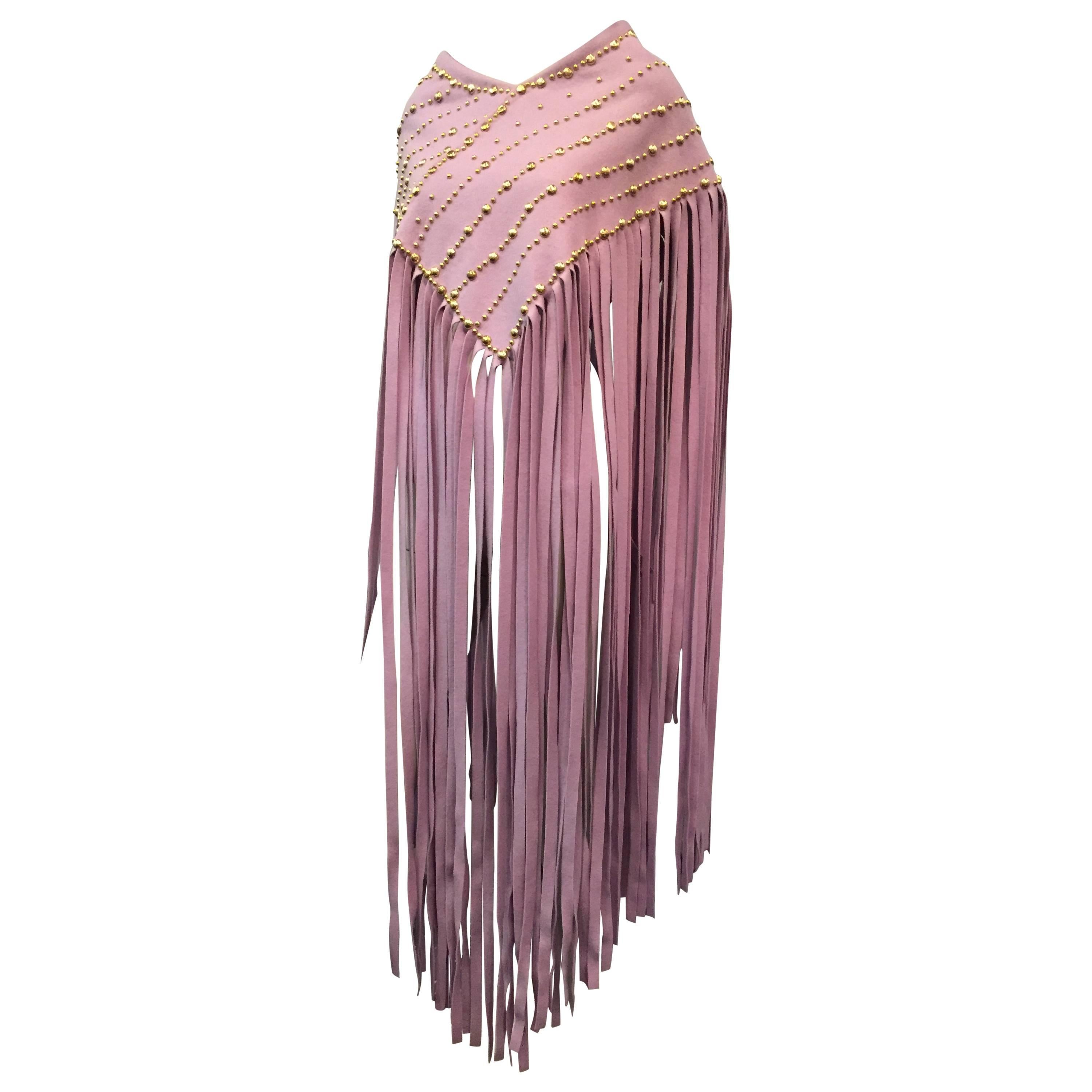 Adolfo Lavender Felt Fringed Poncho with Brass Studding, 1970s 