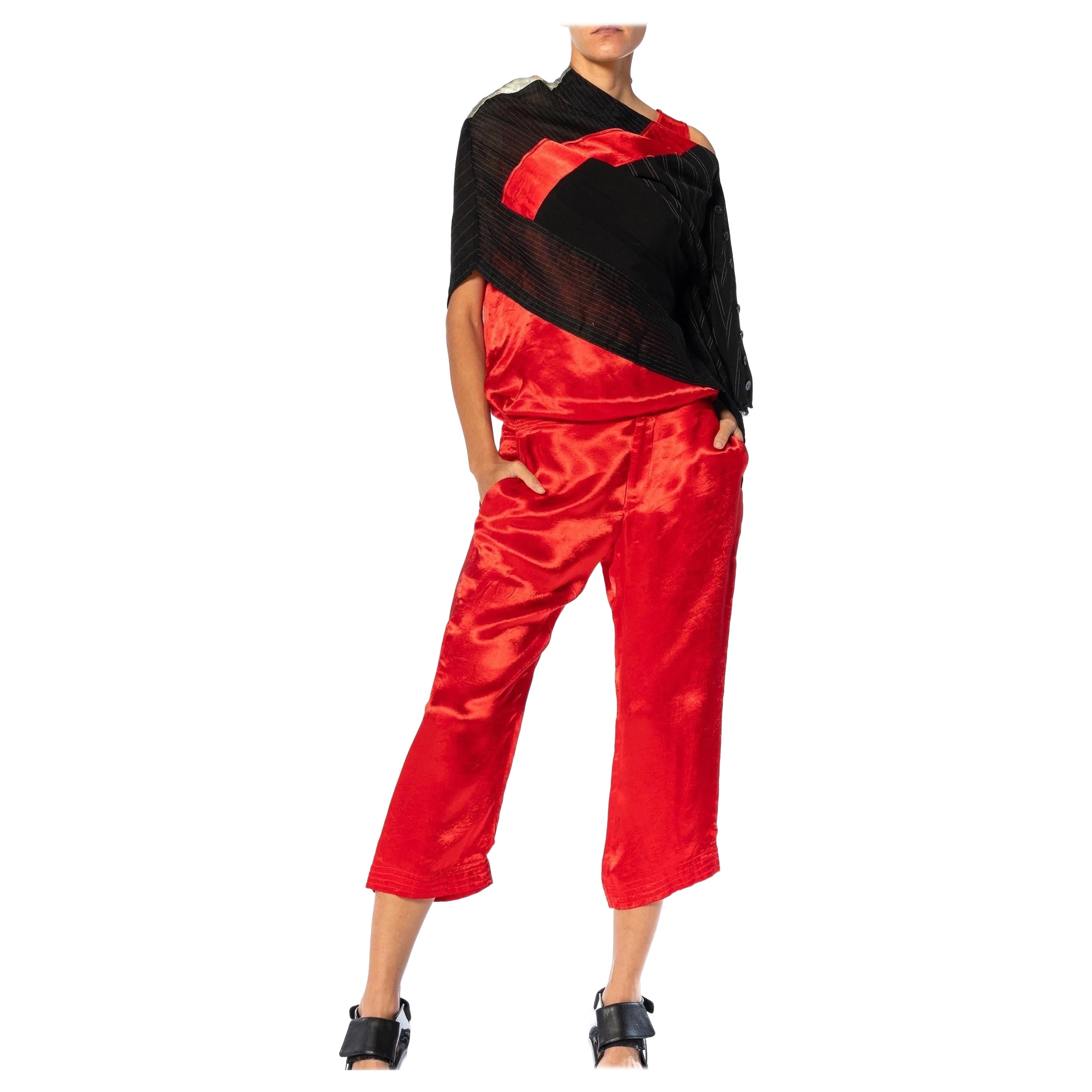 1990S Y’S YOHJI YAMAMOTO Red, Black & Silver Linen Rayon Top, Pants, Skirt Ense For Sale