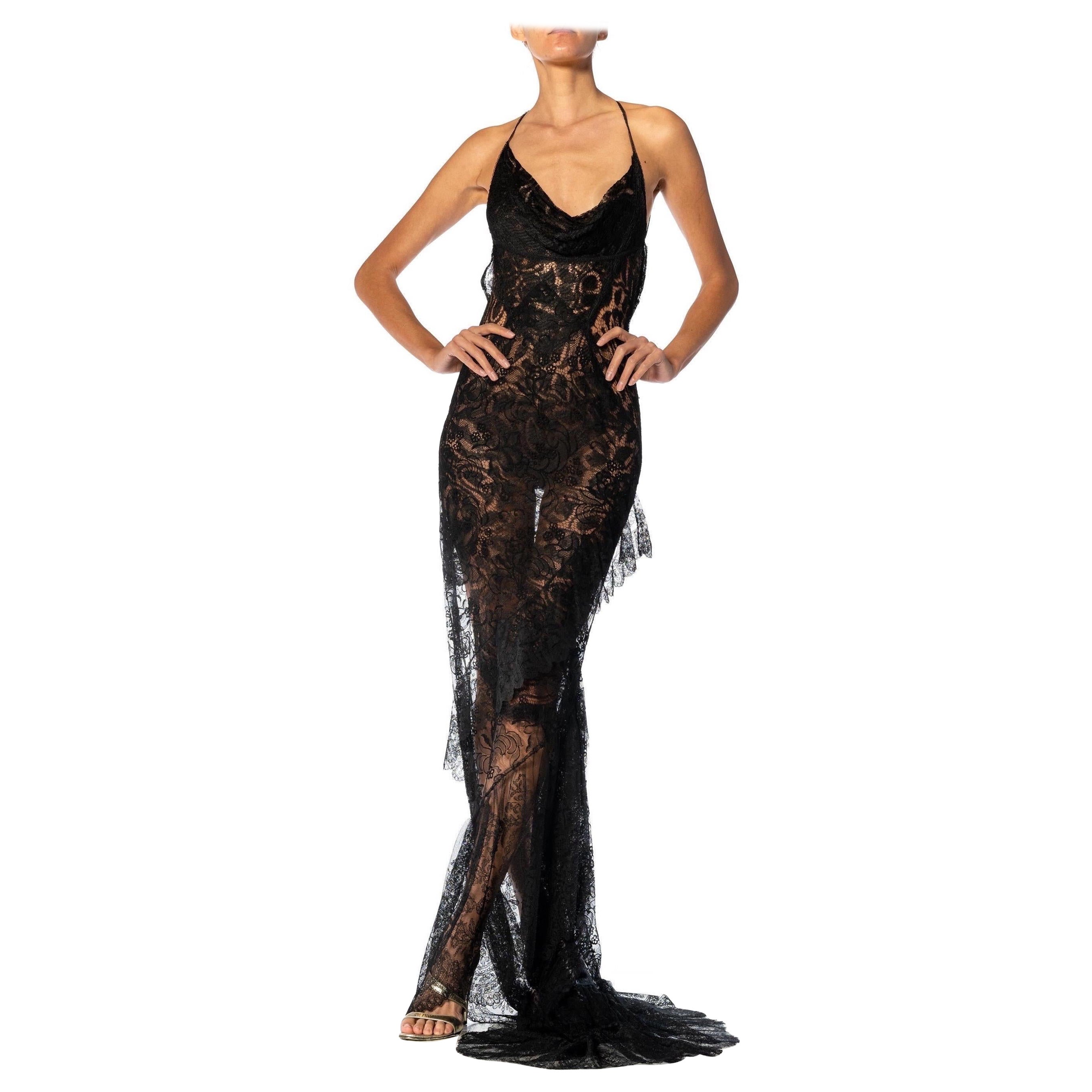 MORPHEW ATELIER Black Antique Rayon & Silk Chantilly Lace Backless Gown Trained For Sale