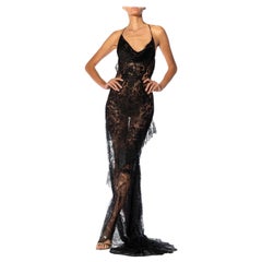MORPHEW ATELIER Black Antique Rayon & Silk Chantilly Lace Backless Gown Trained