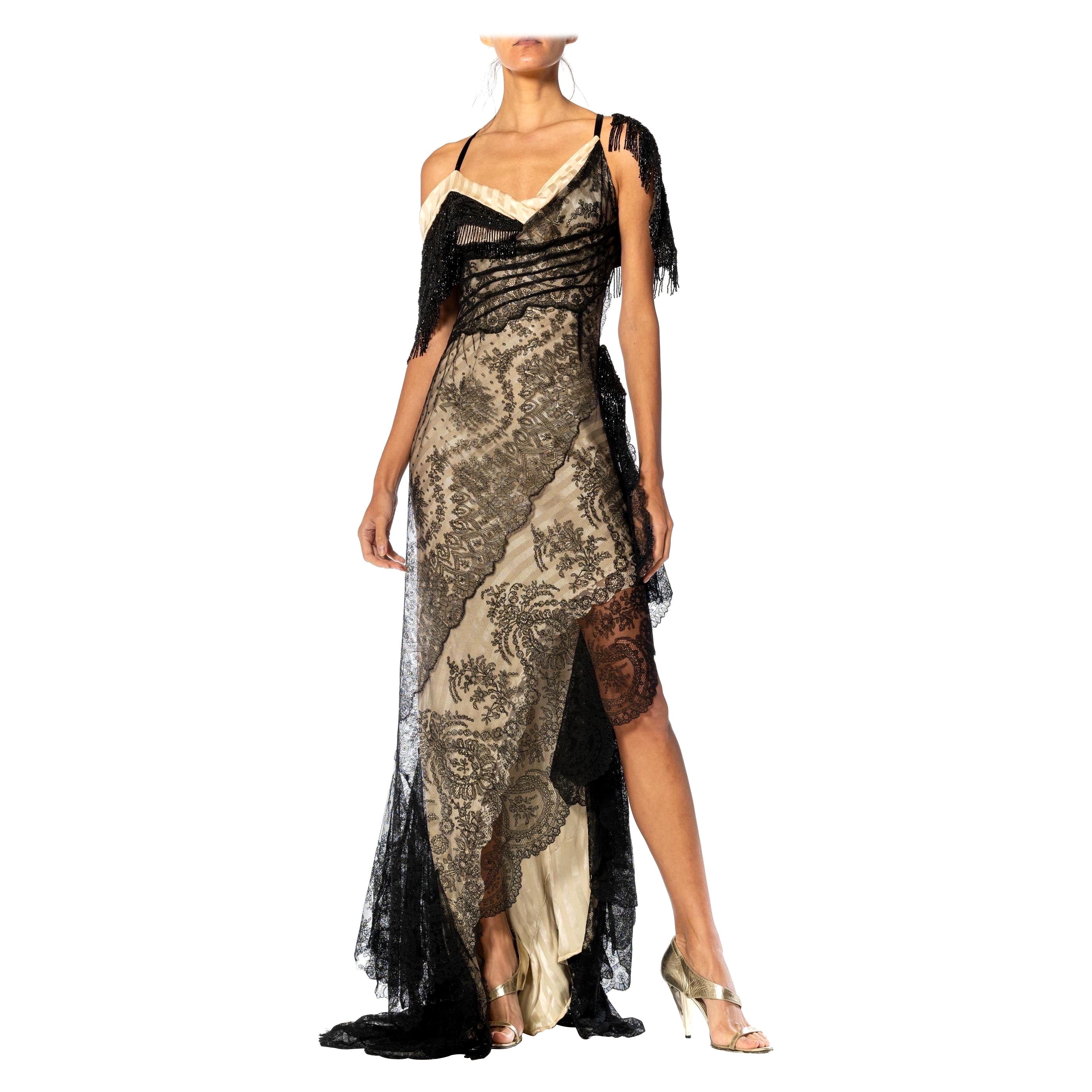 MORPHEW ATELIER Black & Cream Silk Chantilly Lace Trained Gown With Victorian B For Sale
