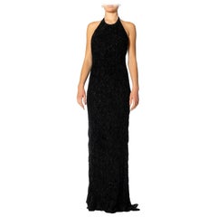 1990S Black Bias Cut Rayon & Silk Burnout Velvet Halter Neck Beaded Gown