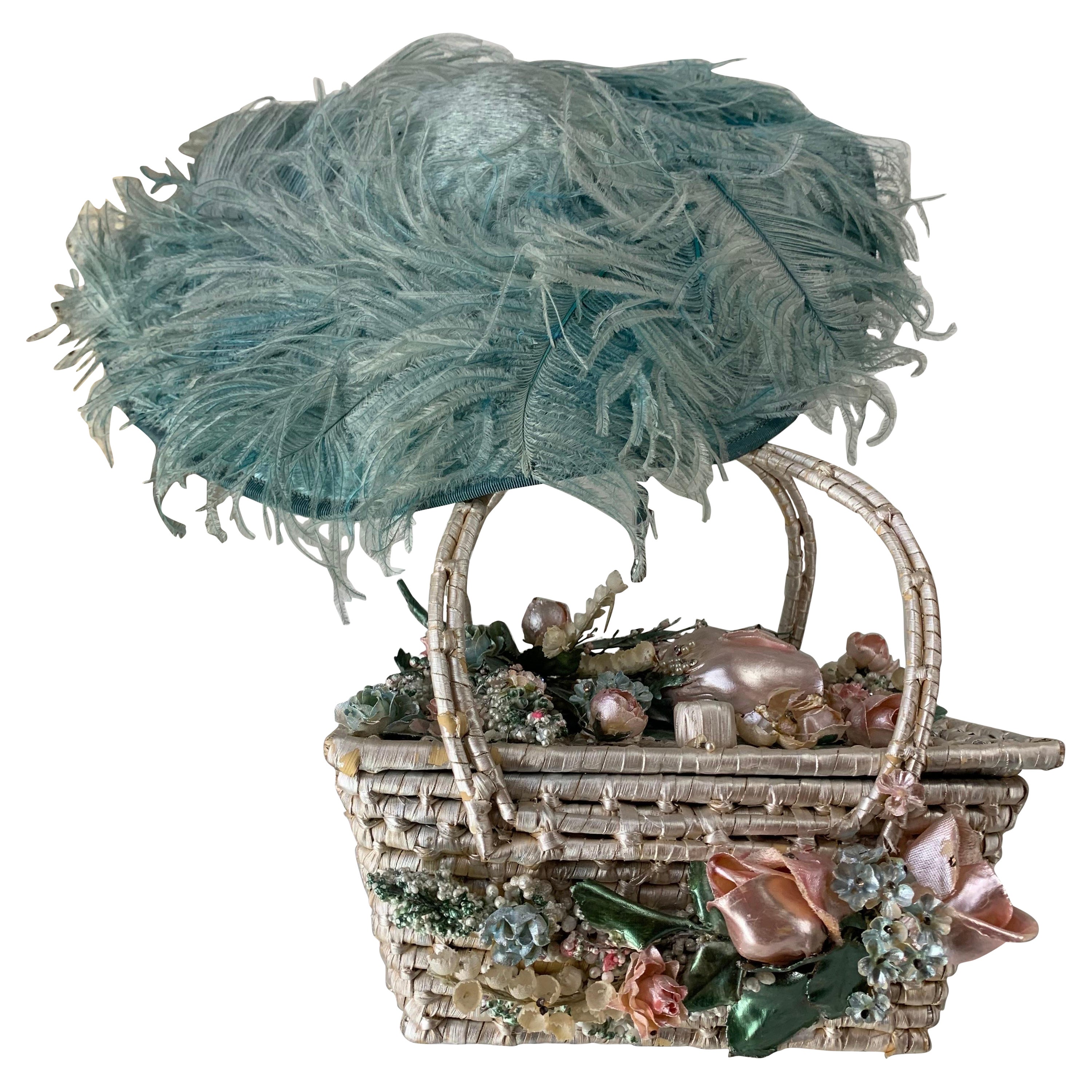 1950s Flo Raye Originals Ice Blue Ostrich Saucer Hat w Pearlescent Floral Purse en vente
