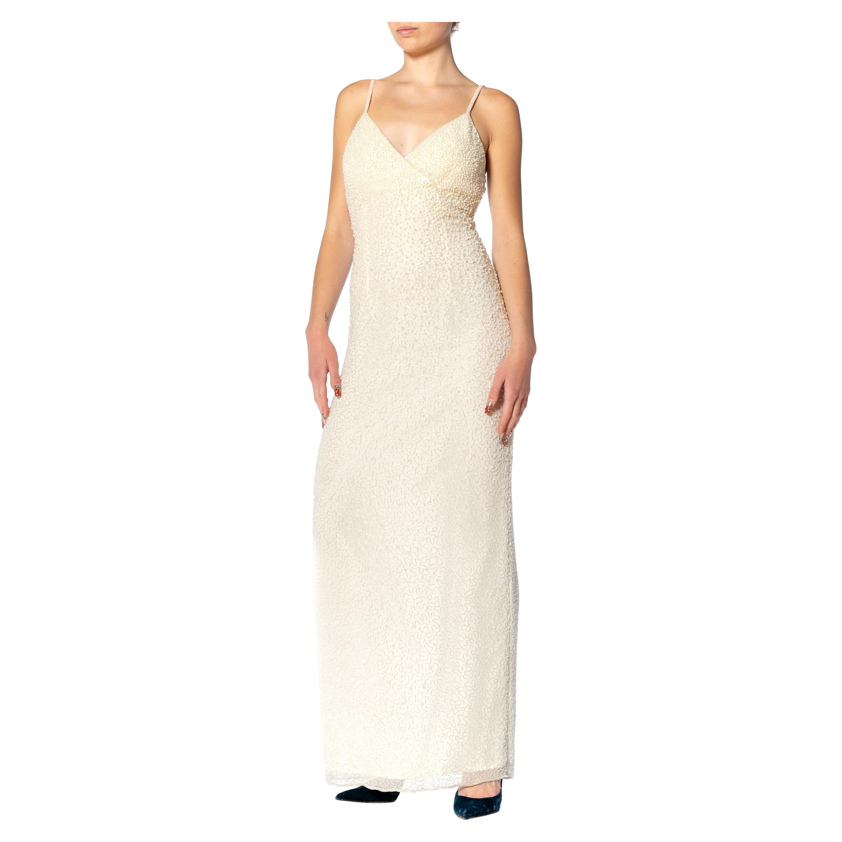 1980S Cream Silk Chiffon Pearl Beaded Gown For Sale