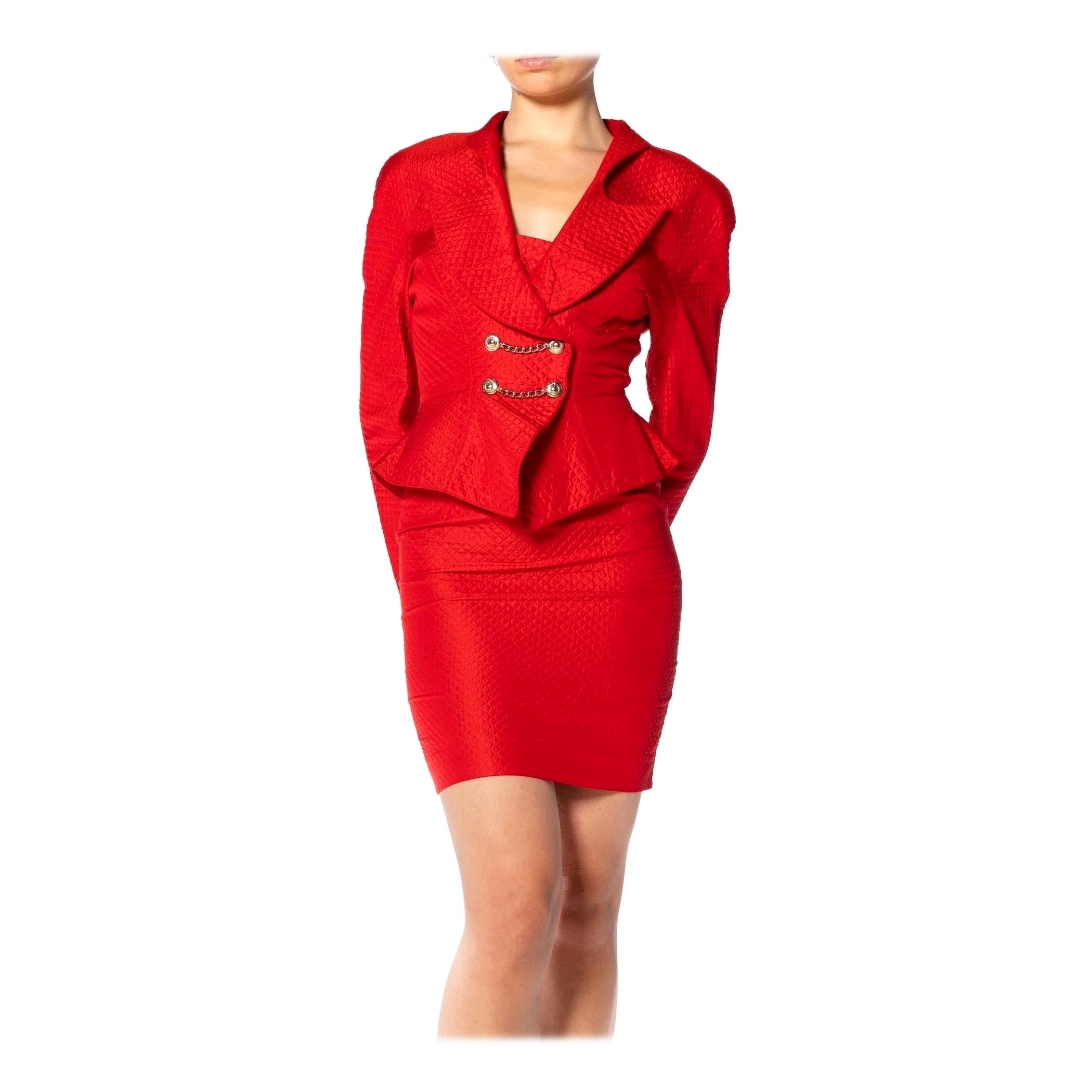 1990S THIERRY MUGLER Red Silk Skirt Suit For Sale