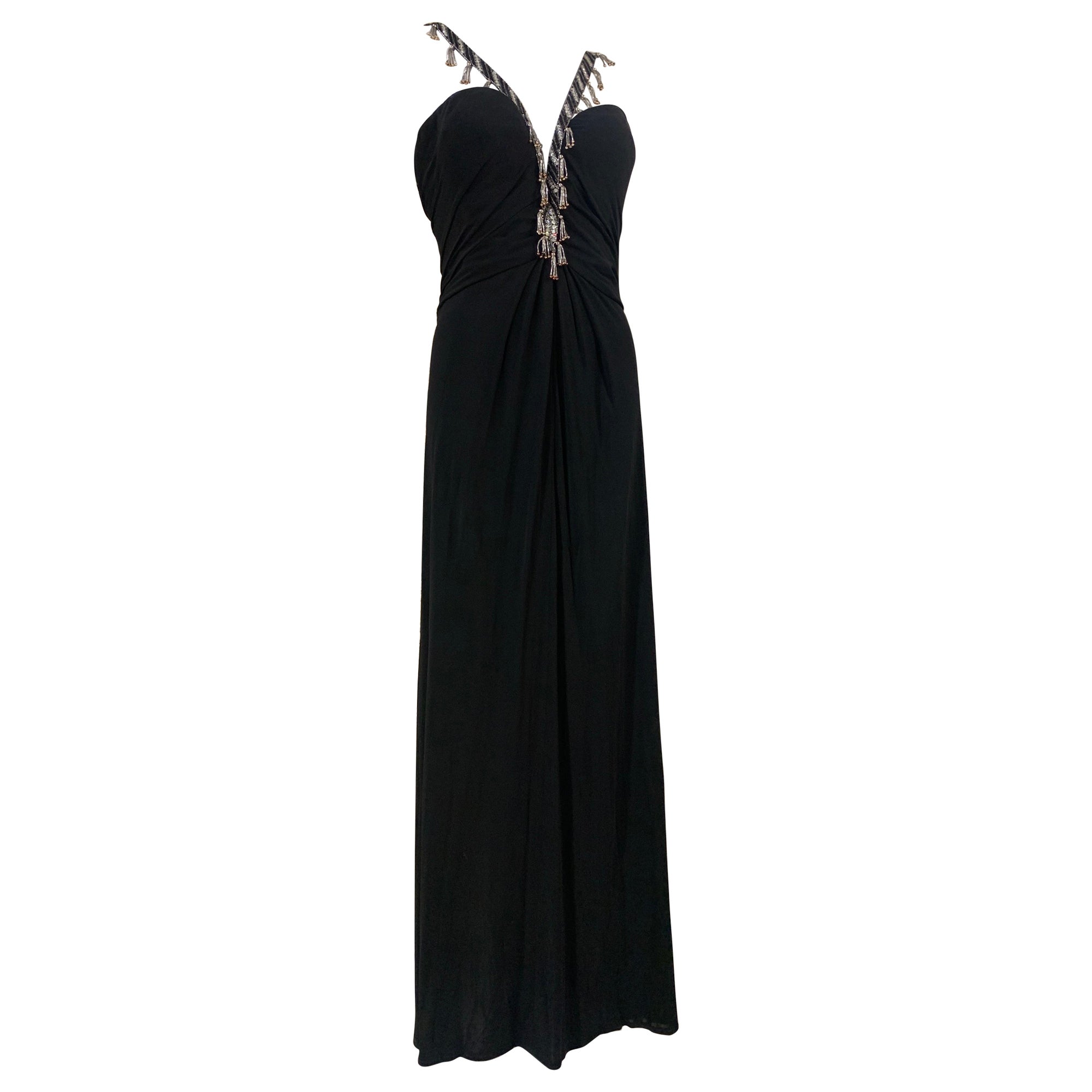 1980s Bob Mackie Black Jersey Gown w Structured Corset & Beaded Straps For Sale