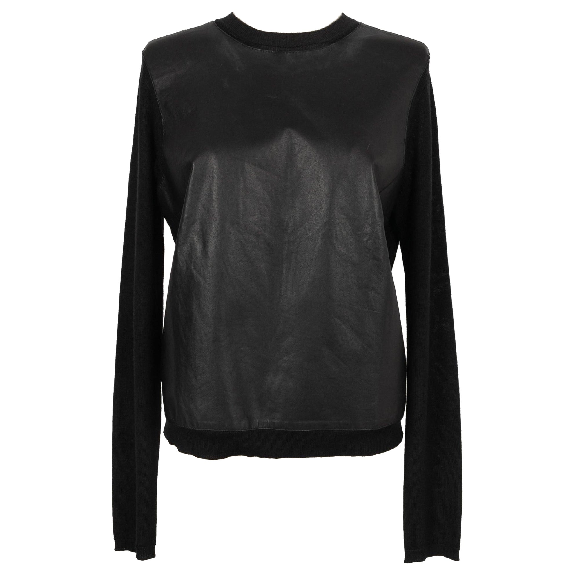 Christian Dior Top a maniche lunghe in pelle d'agnello e cashmere nero 42FR