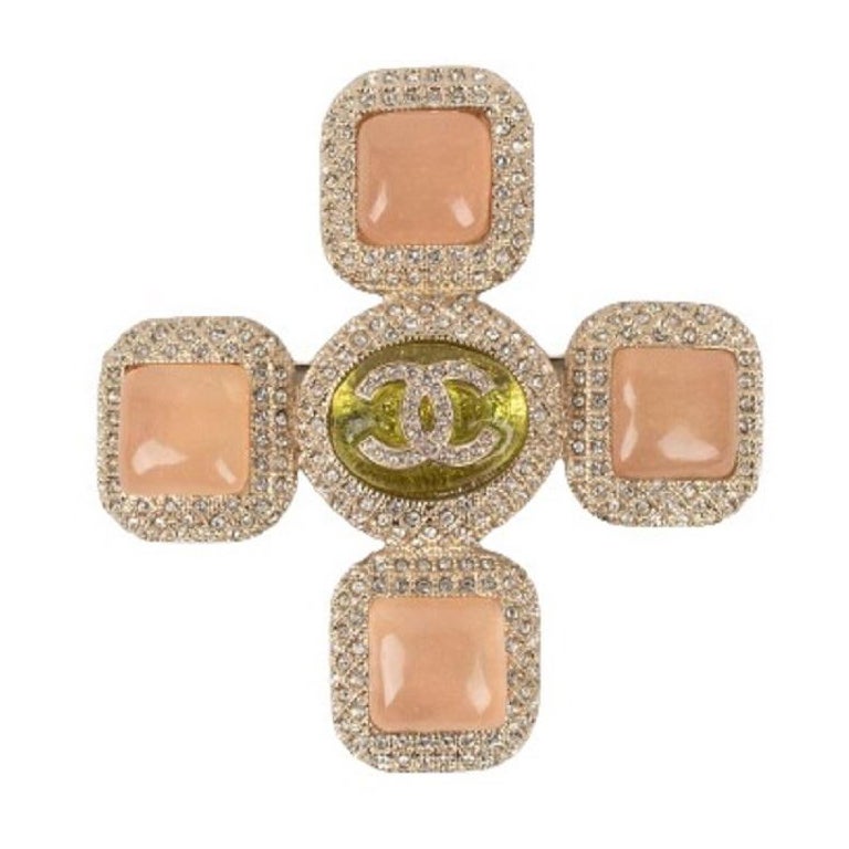 Chanel Champagne Metal Brooch Ornamented with Rhinestones and Resin, 2020 For Sale