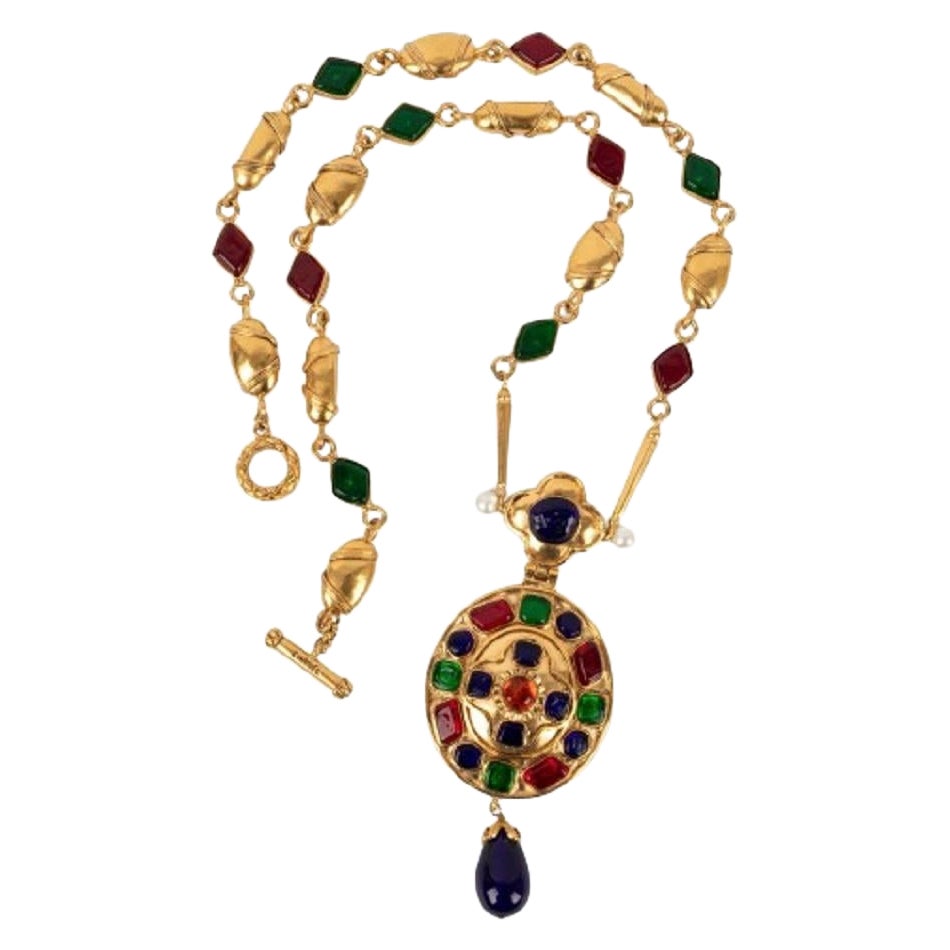 Chanel Golden Metal Necklace with Glass Paste Cabochons, Fall 1994 For Sale