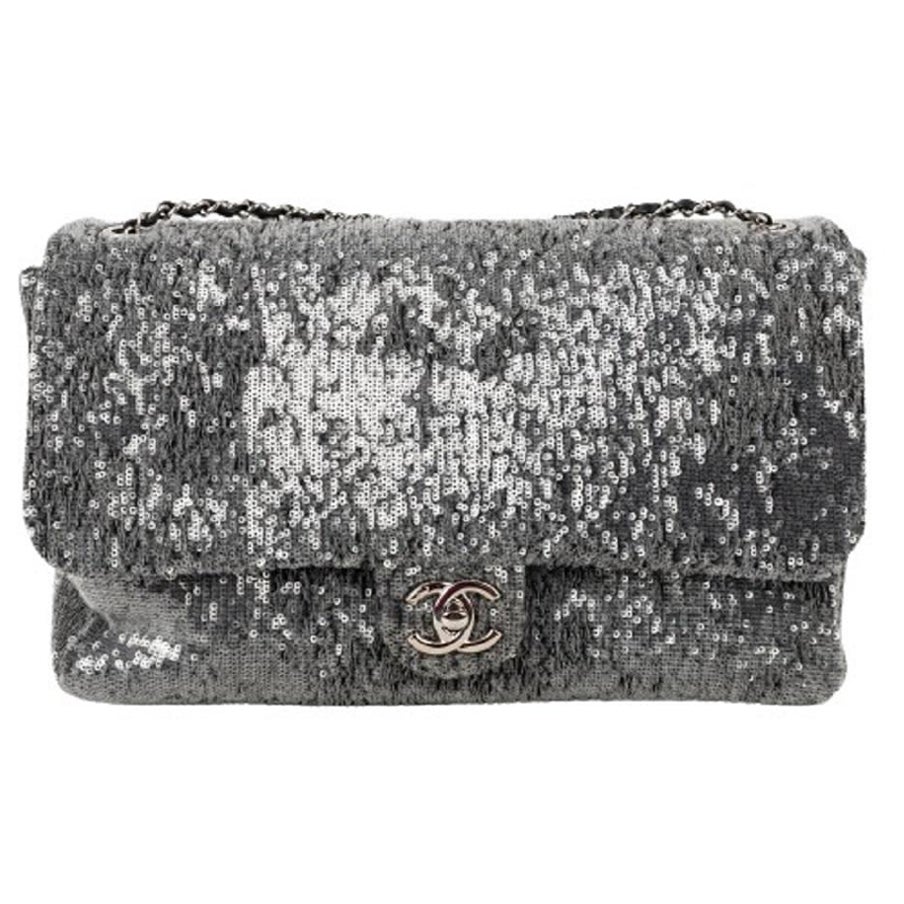 Chanel Timeless Leather Bag with Grey Sequins, Maxi Jumbo