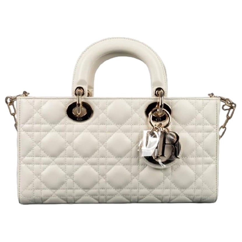 Lady Dior D-joy Medium White Lambskin Bag with Champagne Metal Elements