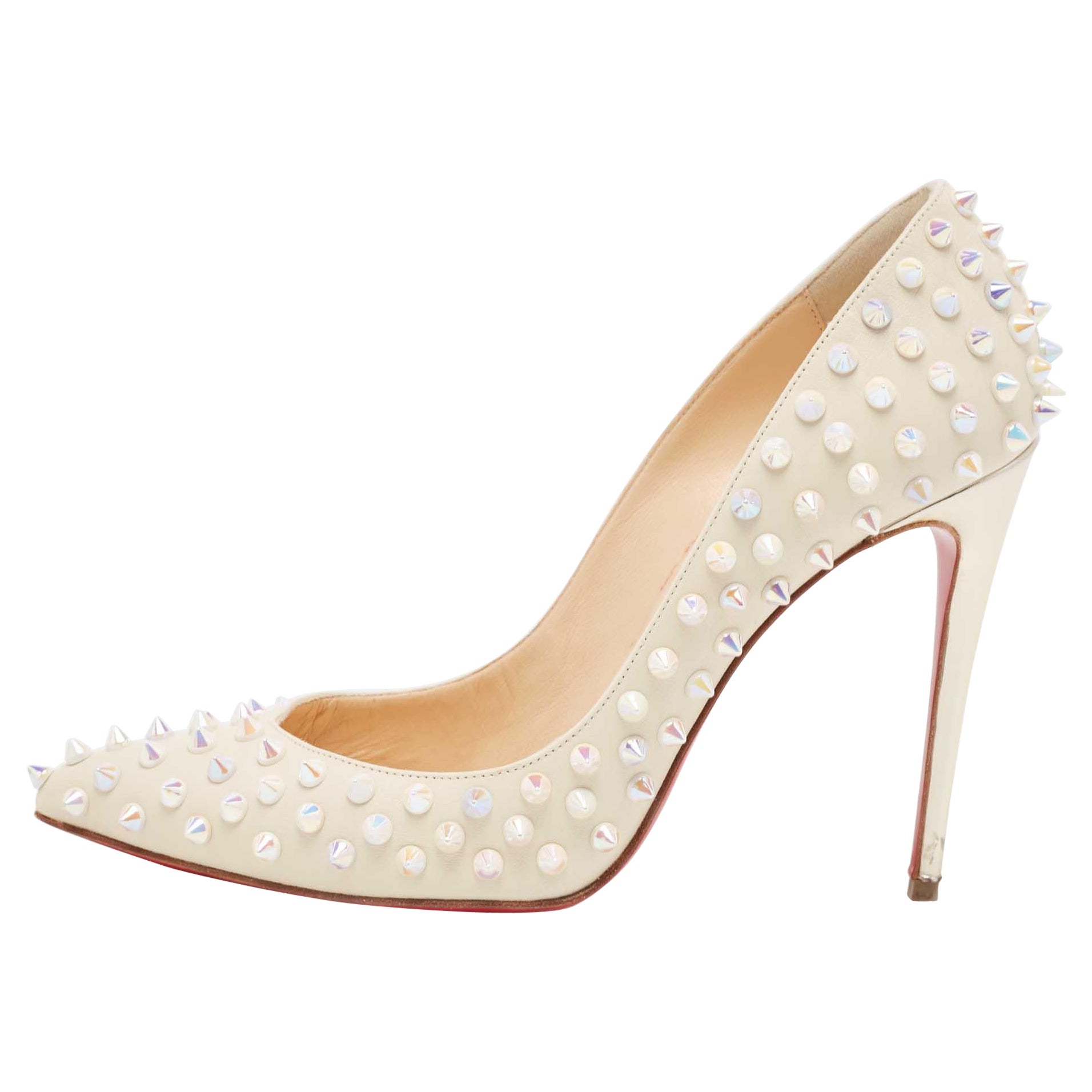 Christian Louboutin Cream Leather Follies Spikes Pointed Toe Pumps Size 38 For Sale