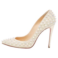 Used Christian Louboutin Cream Leather Follies Spikes Pointed Toe Pumps Size 38