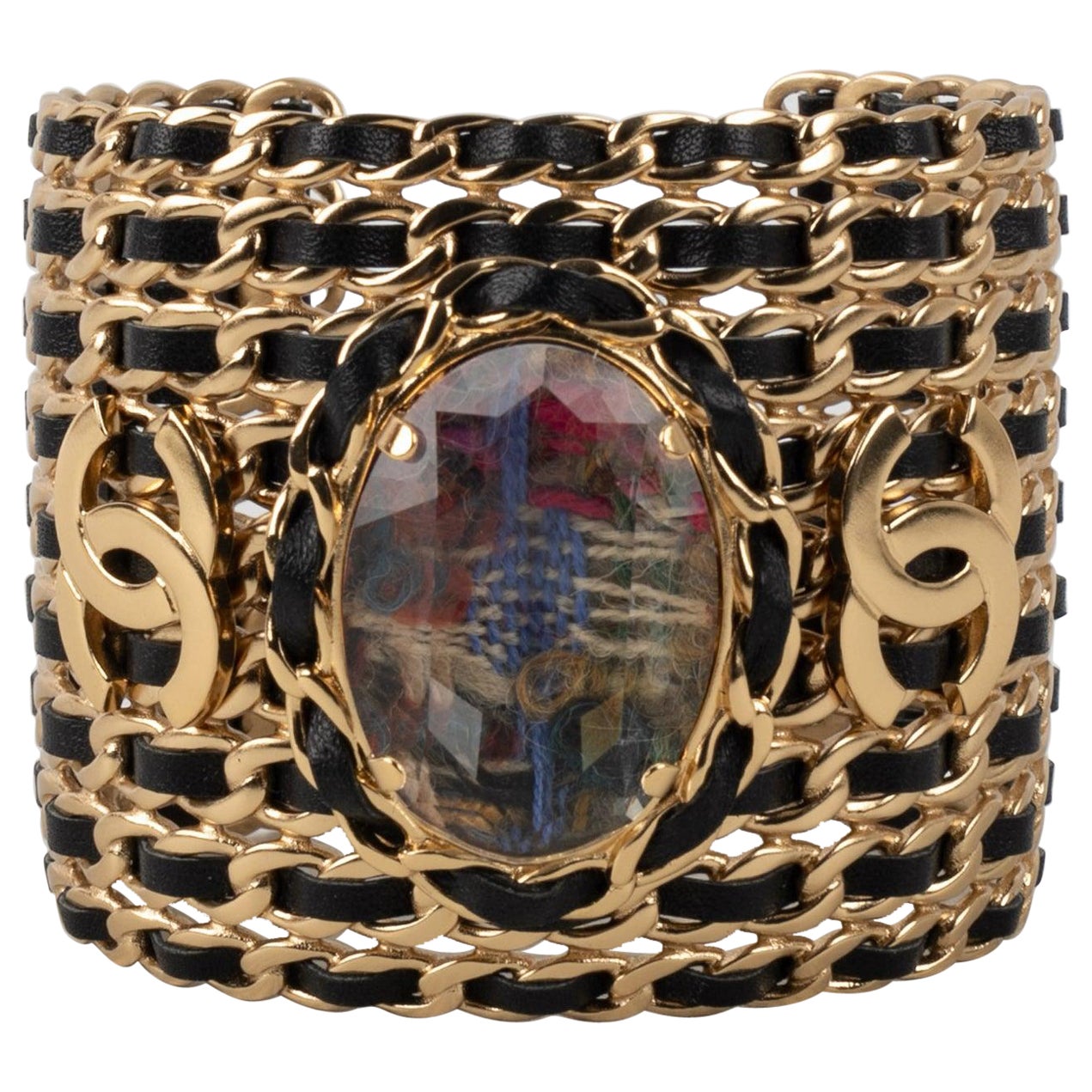 Chanel Golden Metal Cuff Bracelet Interlaced with Rhinestone, 2022 For Sale