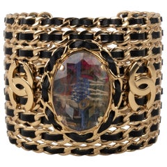 Chanel Golden Metal Cuff Bracelet Interlaced with Rhinestone, 2022