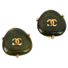 Vintage Chanel Golden Metal Earrings with Green Glass Paste, 1997