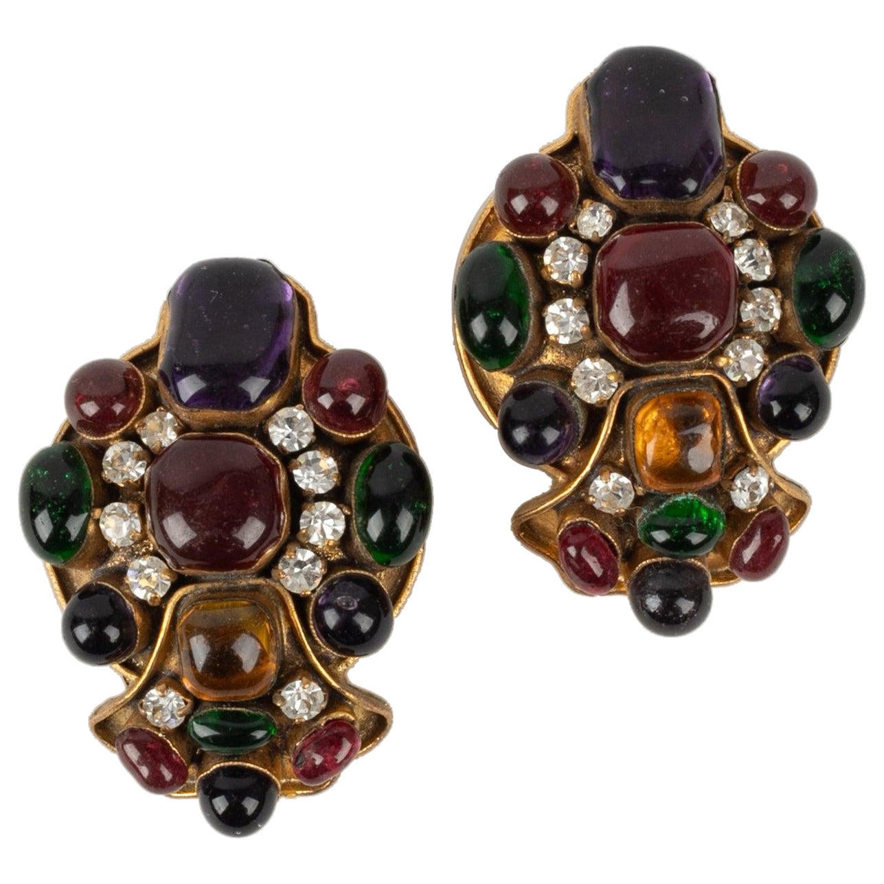 Chanel Golden Metal Earrings with Glass Paste and Rhinestones, 1993 For Sale