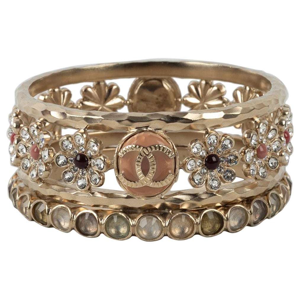 Chanel Cruise Champagne Metal Bracelet with Rhinestones and Resin, 2018 For Sale