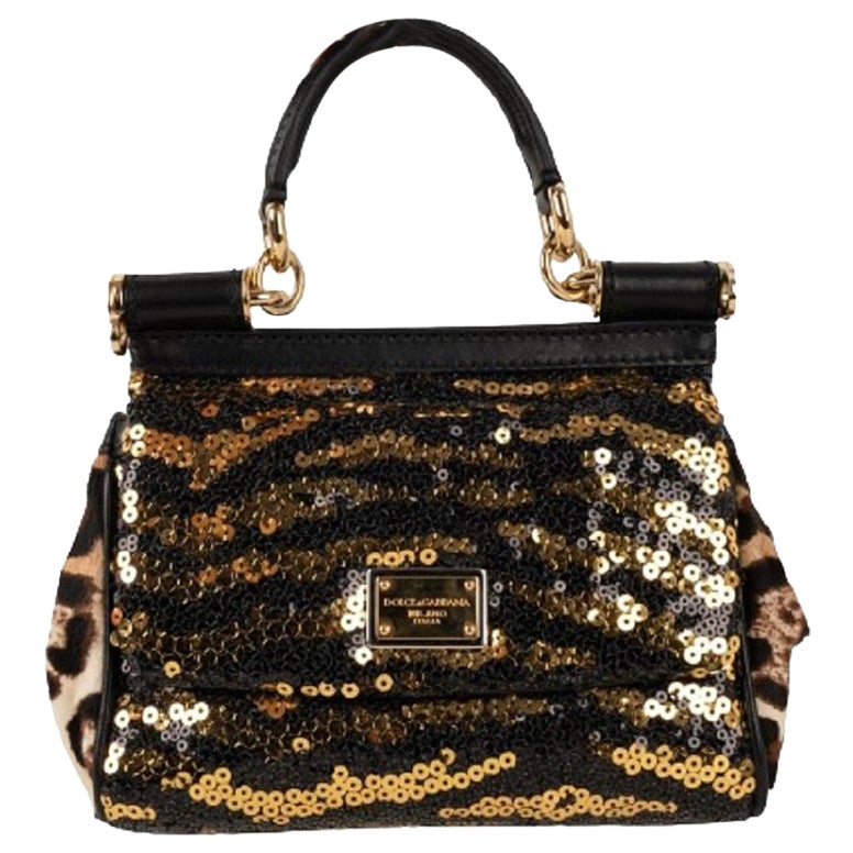 Dolce & Gabbana Black Foal Skin Sicily Bag with Sequins & Golden Metal Elements For Sale