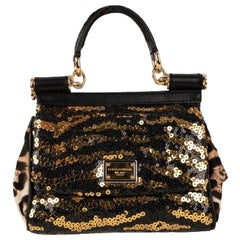 Dolce & Gabbana Black Foal Skin Sicily Bag with Sequins & Golden Metal Elements