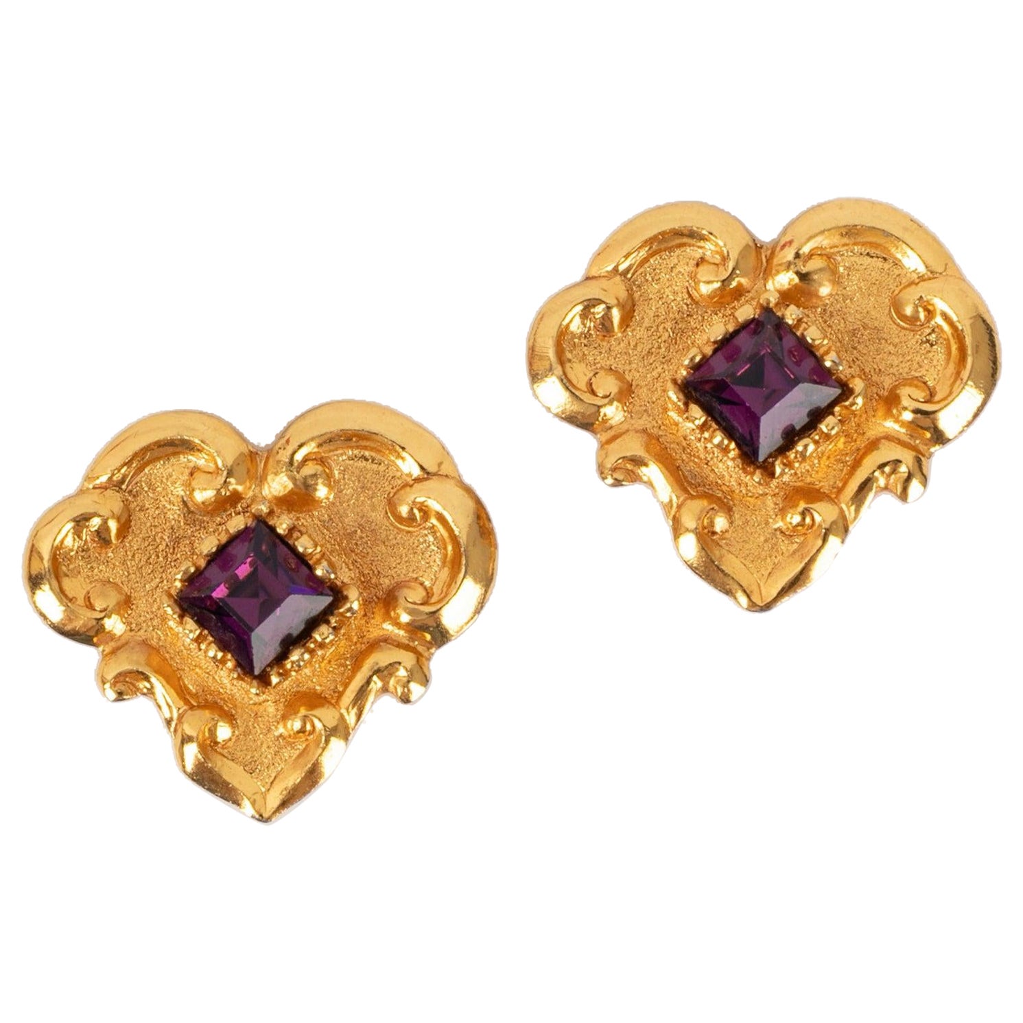 Christian Lacroix Golden Metal Earrings Topped with a Purple Rhinestone For Sale