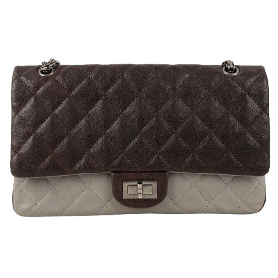 Chanel 2.55 Leather & Grain Leather Bag with Silvery Metal Elements, 2010/2011 For Sale