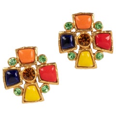 Christian Lacroix Golden Metal Earrings with Glass Paste and Rhinestones