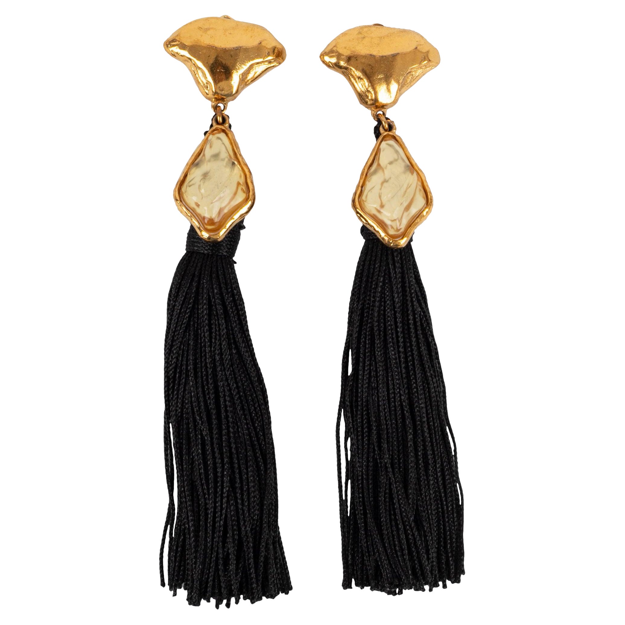 Yves Saint Laurent Golden Metal and Resin Earrings with Black Trimmings Pompom For Sale