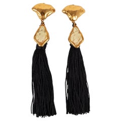 Vintage Yves Saint Laurent Golden Metal and Resin Earrings with Black Trimmings Pompom