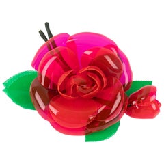 Chanel Camellia Brooch in Pink/ Red Transparent Plastic Material, 1992
