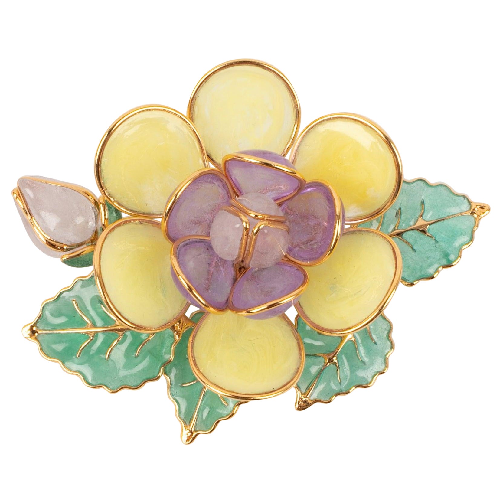 Augustine Golden Metal and Yellow Glass Paste Pendant Brooch For Sale