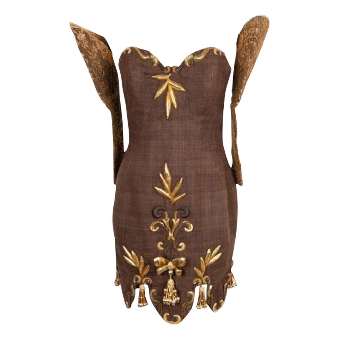 Christian Lacroix Robe Haute Couture Dress in Brown Linen and Golden Embroidery For Sale