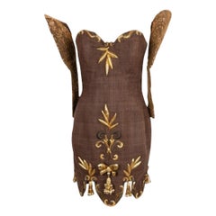 Used Christian Lacroix Robe Haute Couture Dress in Brown Linen and Golden Embroidery