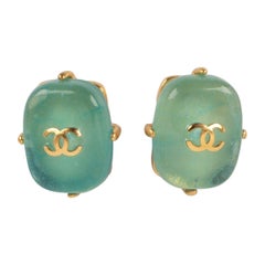 Chanel Earrings in Golden Metal and Light Blue Glass Paste, 1997