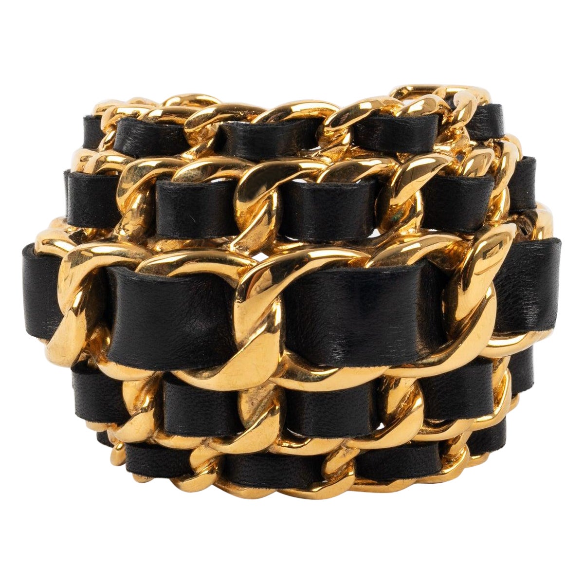 Chanel Golden Metal and Leather Cuff Bracelet with Chains, 1991