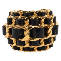 Vintage Chanel Golden Metal and Leather Cuff Bracelet with Chains, 1991