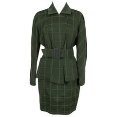 Thierry Mugler Green Tone Checked Combed Wool Suit Set 38FR, 1980s