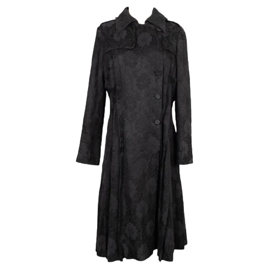 Galliano Black Cotton Trench-style Coat Illustrated with Flowers For Sale