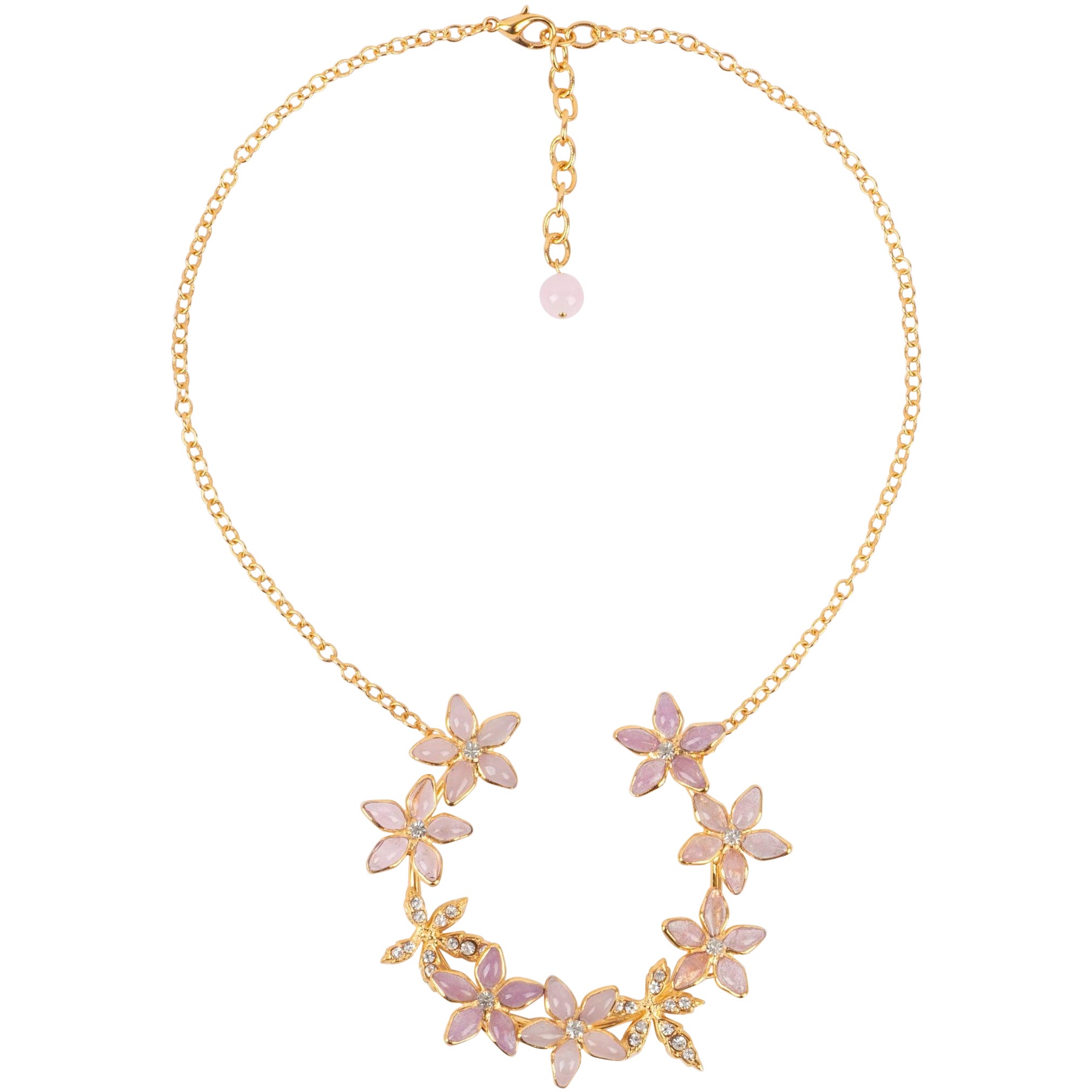 Augustine Golden Metal Necklace with Rhinestones and Glass Paste Pale Pink Tones For Sale