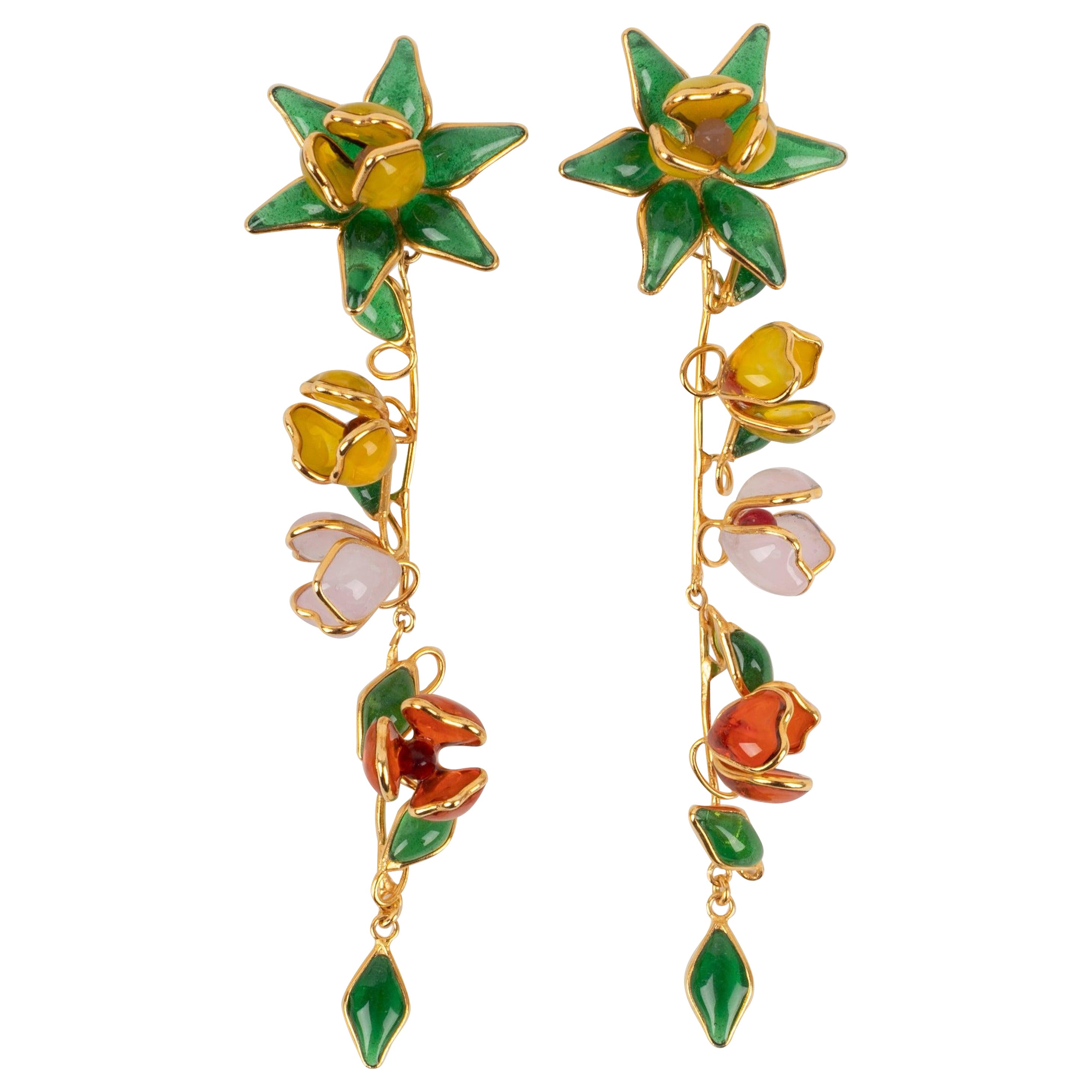 Augustine Golden Metal Earrings with Glass Paste in Orange and Yellow Tones For Sale