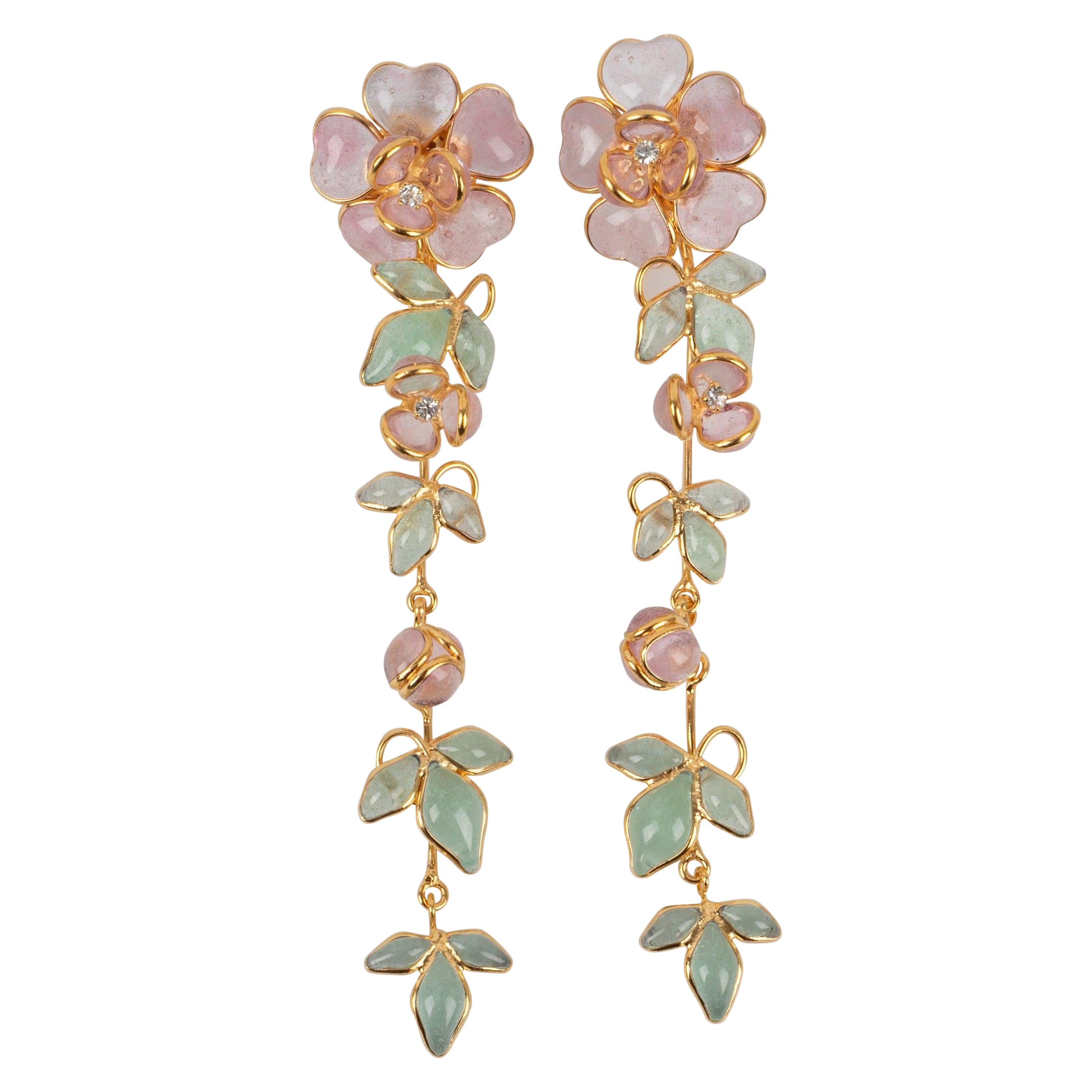 Augustine Golden Metal Earrings with Pale Pink Glass Paste For Sale