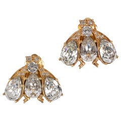 Christian Dior Golden Metal Earrings Ornamented with Rhinestones