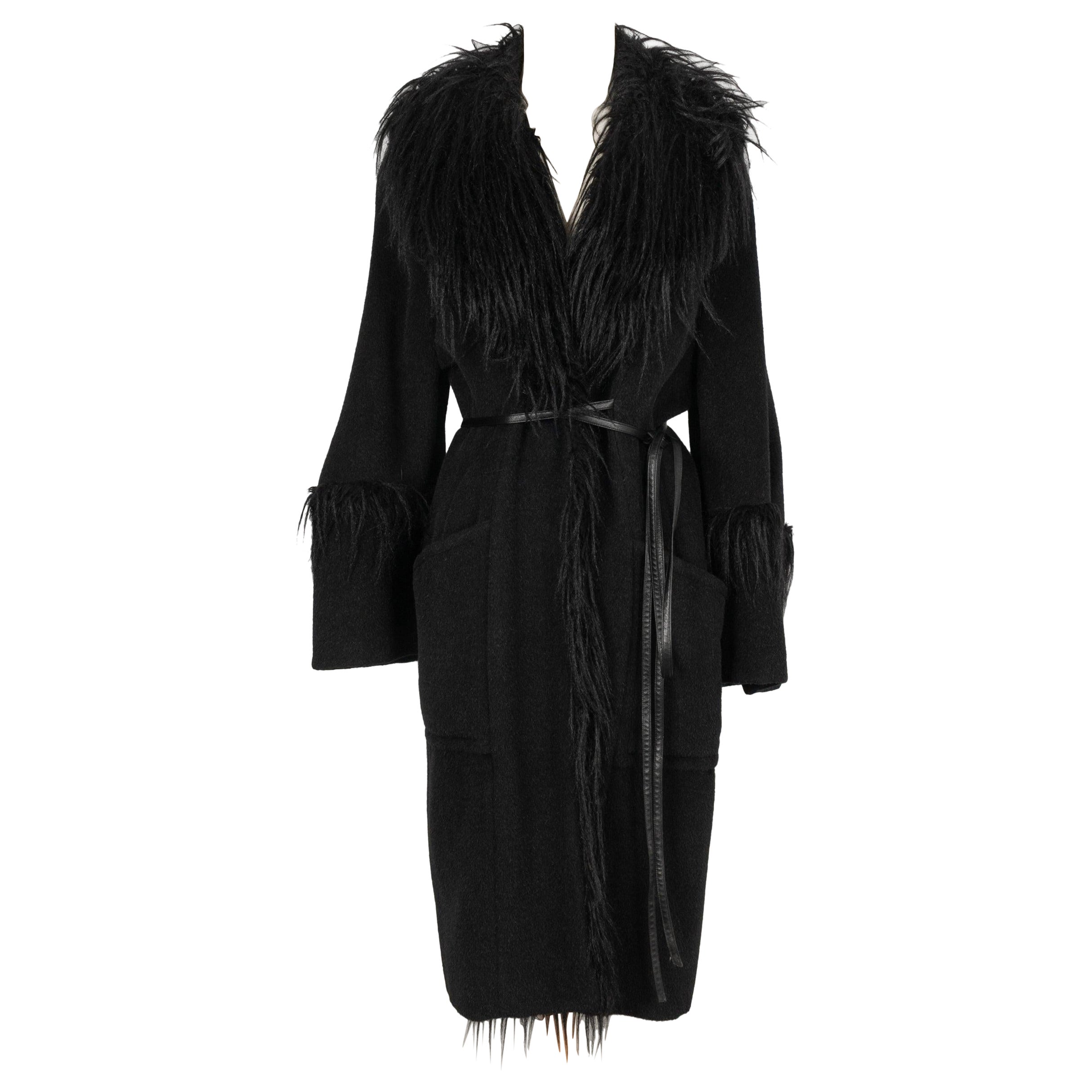 Mugler Black Coat Edged with Faux Fur 40FR, 2000s For Sale