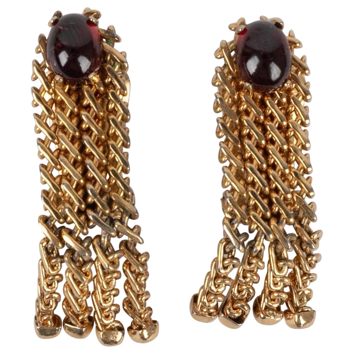Christian Dior Golden Metal Earrings with Glass-paste Cabochons, 1965 For Sale