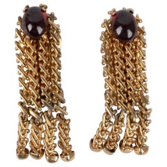 Retro Christian Dior Golden Metal Earrings with Glass-paste Cabochons, 1965