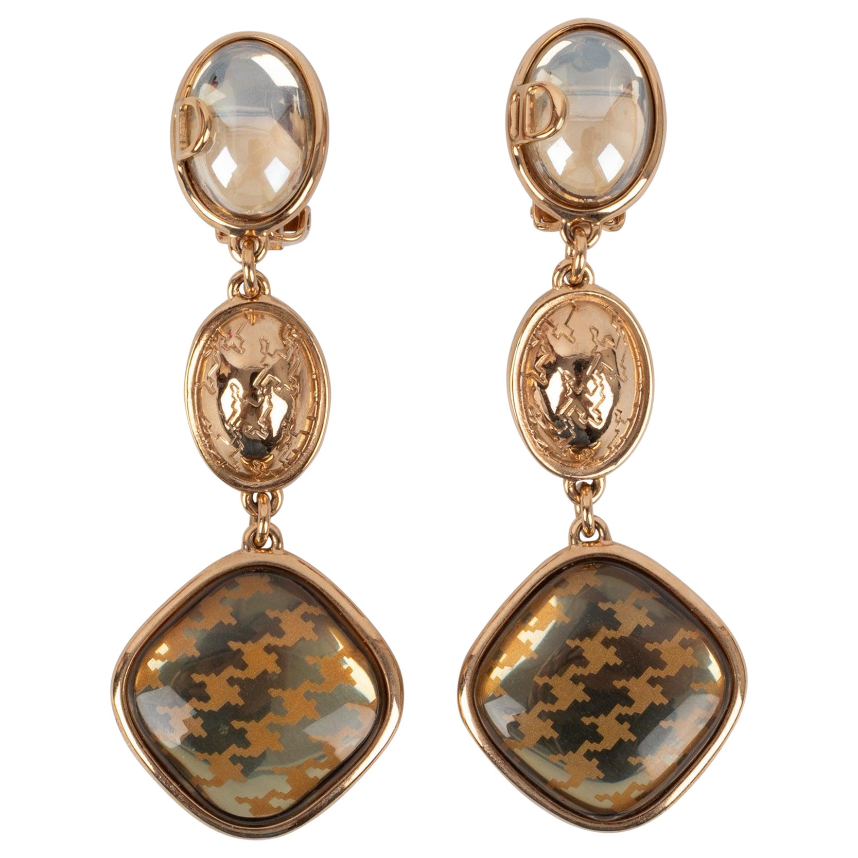Christian Dior Golden Metal Clip-on Earrings with Resin and Glass Cabochons For Sale