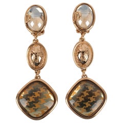 Retro Christian Dior Golden Metal Clip-on Earrings with Resin and Glass Cabochons
